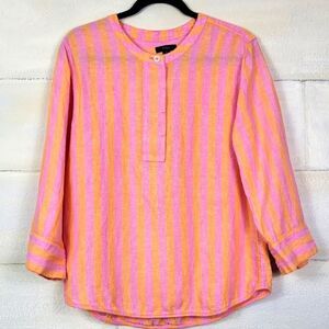 J. Crew Linen Tunic Relaxed Fit 3/4 Sleeve Pink Orange Stripe Popover Buttons. S